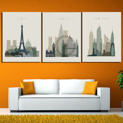3 Panel London Paris New York Cartoon Modern City Oil Painting